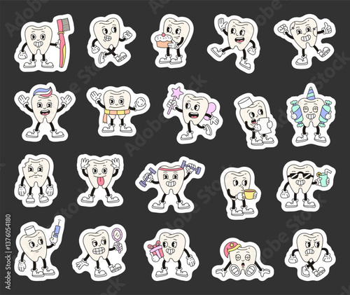 Funny cartoon tooth character set showing various emotions, holding different objects, celebrating events, drinking beverages, training, and resting in cute retro style