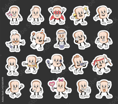 Bread toast character set includes a variety of fun illustrations showing emotions, outfits, and pose in a cute vintage cartoon food themed style for yours creative projects
