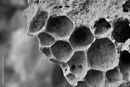 Monochrome image displaying a close-up of eroded rock formations with numerous cavities, showcasing natural textures and patterns.