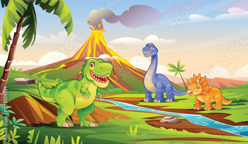 Tyrannosaurus Rex with friendly dinosaurs near river and erupting volcano in tropical landscape. Vector cartoon illustration
