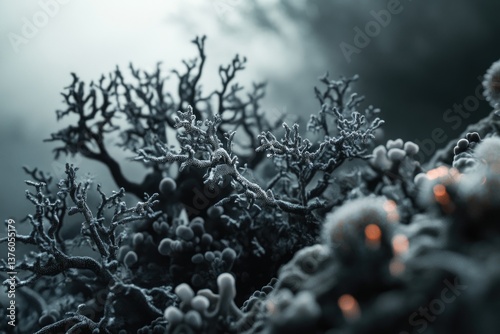 Mysterious marine world with coral-like structures, featuring a subdued color palette and intricate branching patterns in a shallow depth of field.