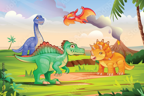 Dinosaurs interacting near a volcano with jungle plants around. Vector cartoon illustration
