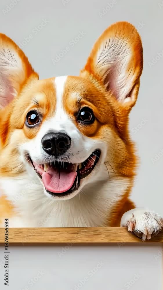 Adorable corgi with floppy ears peering over a wooden ledge, exuding joy and playfulness, 4k vertical video Adorable corgi with floppy ears peering over a wooden ledge, exuding joy and playfulness, 4k vertical video
