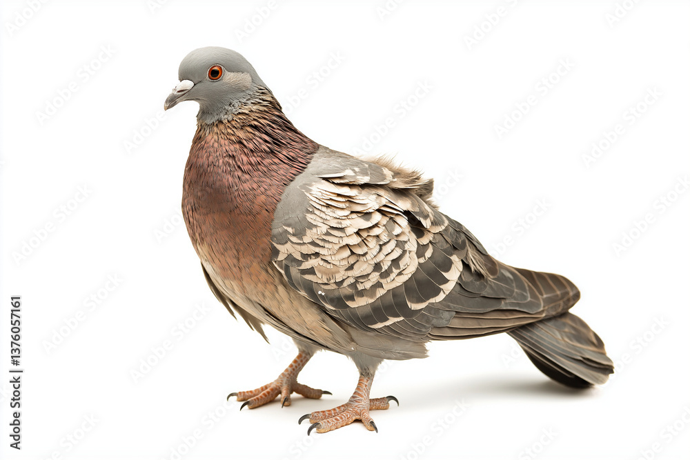 Fototapeta premium grey pigeon standing upright on white background, showcasing its detailed feathers and vibrant colors. This bird exudes calm and curious demeanor, making it captivating subject
