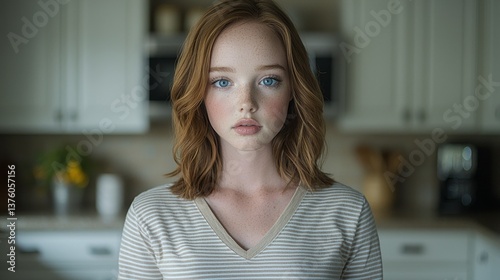Portrait of a serene young woman with freckles gazing intently at the camera Free Download Portrait of a serene young woman with freckles gazing intently at the camera - GFXLoad