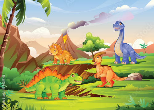Dinosaurs gathering on lush hills with erupting volcano and tropical trees around. Vector cartoon illustration