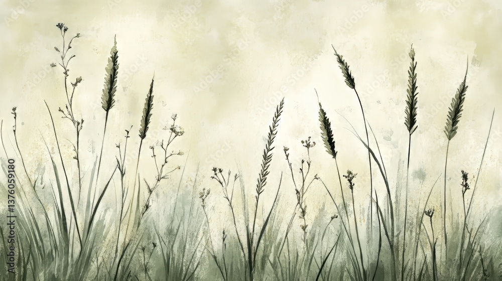 Watercolor Painting of Stylized Grass, Airy and Subtle Nature Design, Botanical Illustration