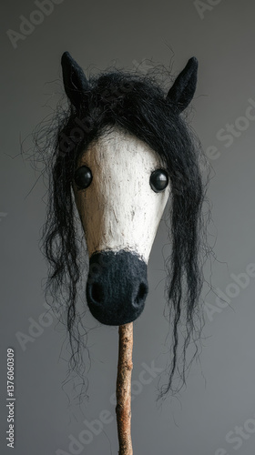 Front view of handmade felt hobby horse toy with button eyes and fuzzy black mane on wooden stick, symbolizing childhood creativity, fun, and soft toy crafting with personality.