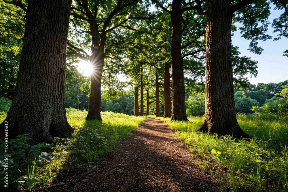 Fototapeta premium Sun shining through trees on a path in the forest