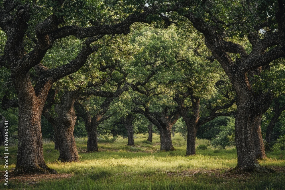 Fototapeta premium Majestic oak trees creating a natural archway in a lush green forest