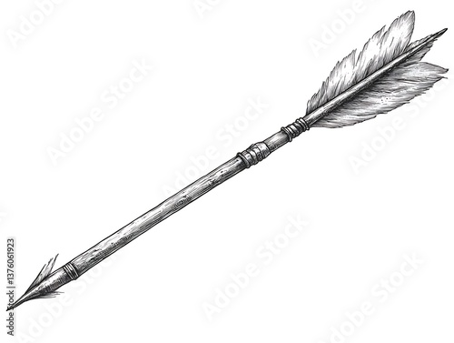 An illustrative black and white drawing of a feathered arrow
