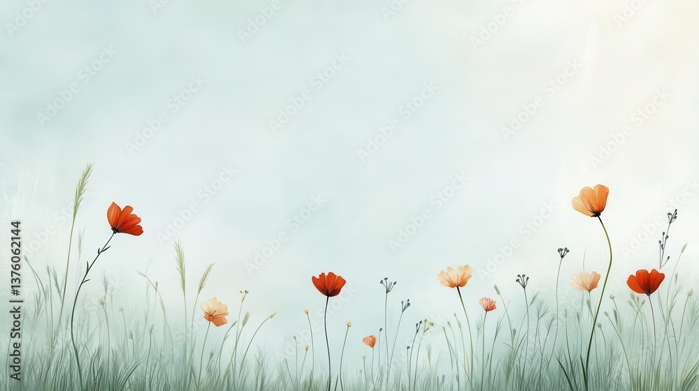Fototapeta premium A serene landscape of colorful flowers gently swaying in the breeze, showcasing nature's beauty and tranquility.