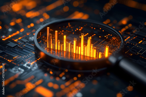 Magnifying Glass Examining Glowing Data Bars on a Circuit Board - Data Analysis Concept