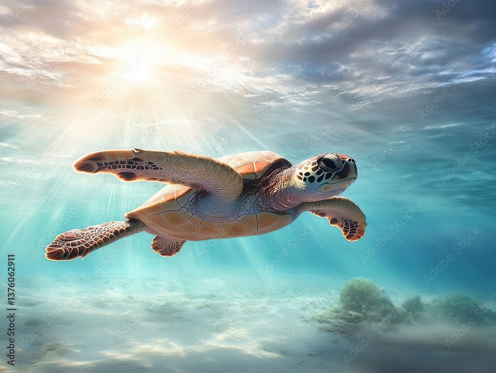 Obraz premium A serene underwater scene featuring a sea turtle gracefully swimming in clear blue waters illuminated by sunlight.