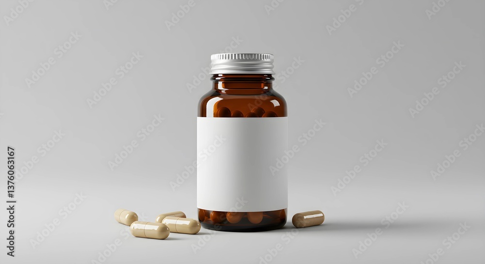 Isolated on white, a glass medicine bottle spills various pills, tablets, and capsules, representing healthcare and prescription medication for illness treatment Isolated on white, a glass medicine bottle spills various pills, tablets, and capsules, representing healthcare and prescription medication for illness treatment