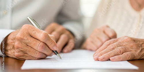 Senior finance concept. Close-up of elderly hands signing a document, symbolizing partnership or important agreements.