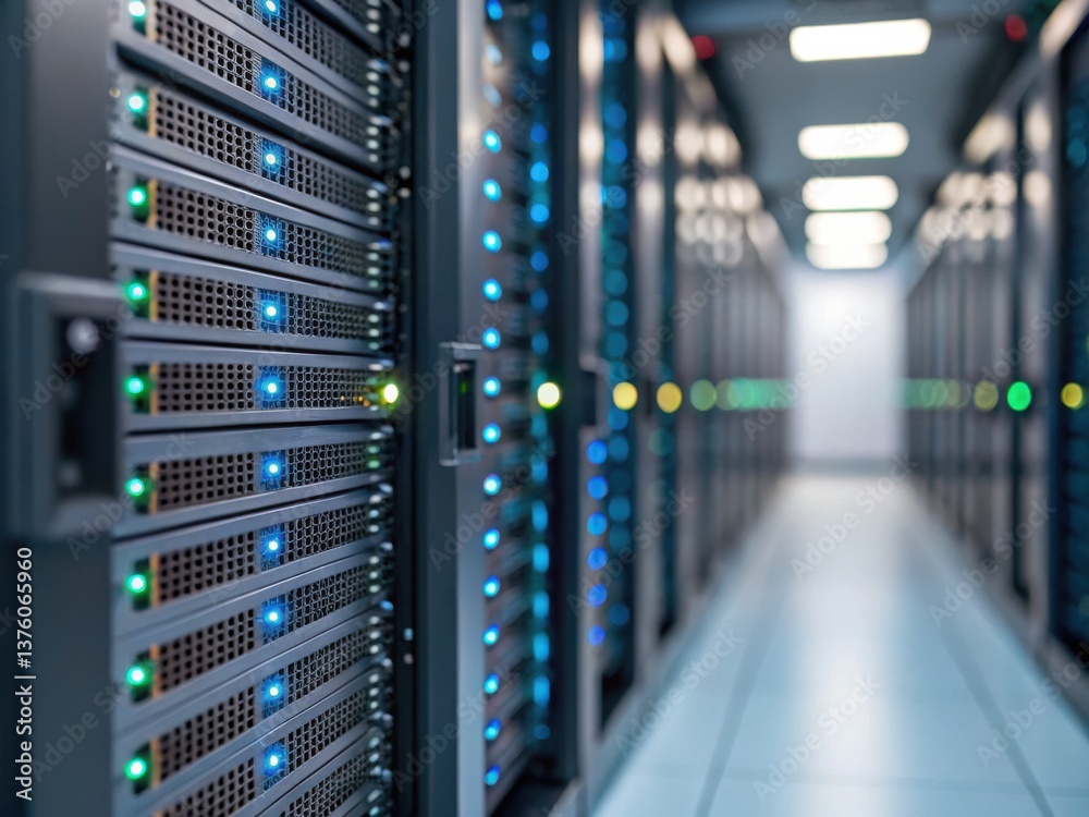 Quantum computing transforms cryptography security concept. Data center with rows of servers and illuminated indicators in a modern environment.