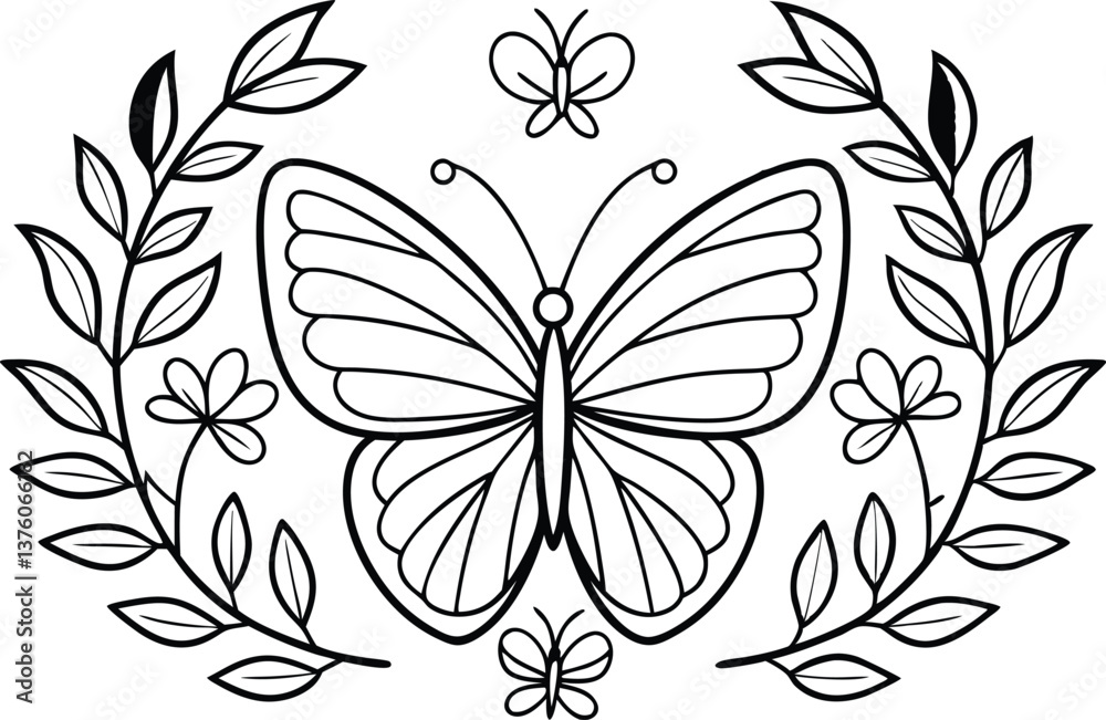 Fototapeta premium Butterfly with floral wreath design. Line art outline on transparent background