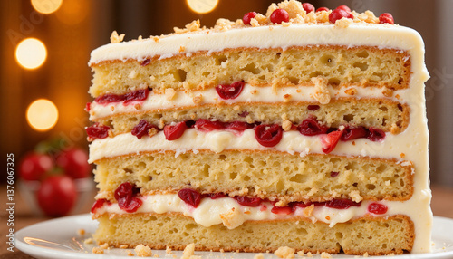 Slice of cherry layer cake with cream filling on festive background
