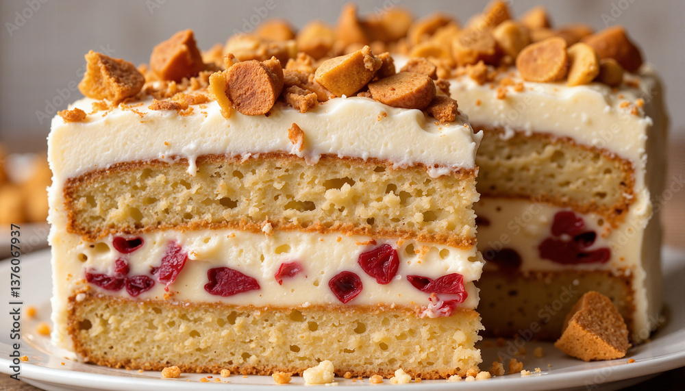 Cherry cream layer cake with cookie topping on plate
Cherry cream layer cake with cookie topping on plate