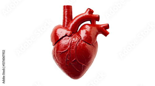 Red anatomic human heart model on black background, cut out transparent