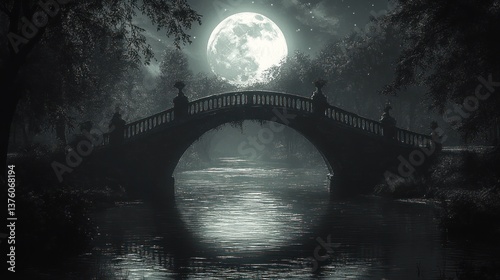 Moonlit stone bridge over canal, park at night, fantasy