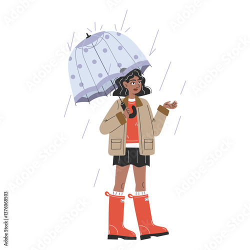 Flat Style Illustration of an African Woman in Red Rain Boots Holding a Clear Umbrella on a Rainy Autumn Day, Stylish Rainy Day Look