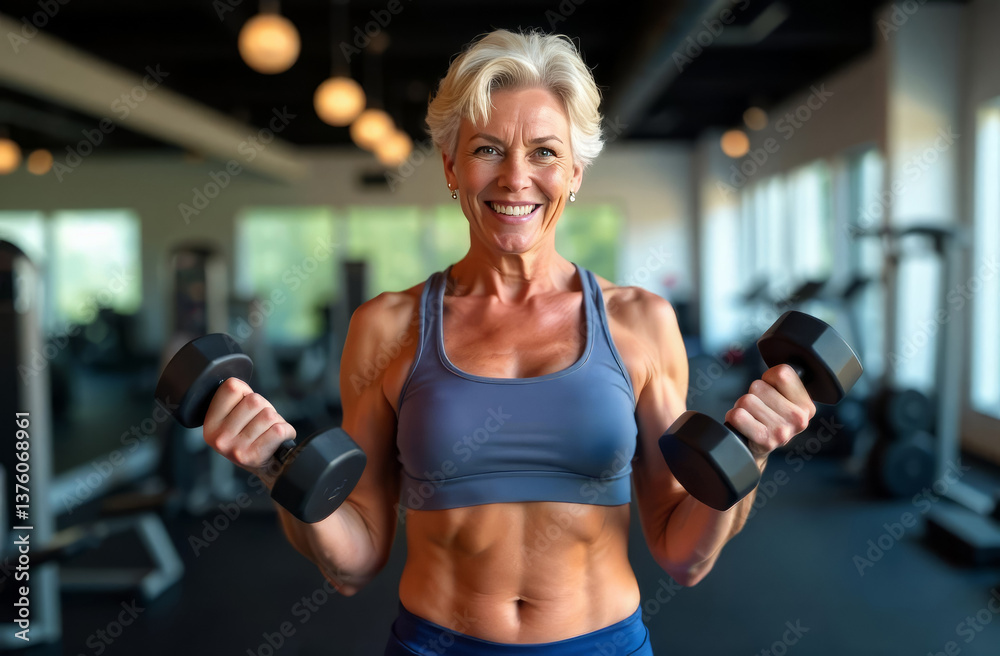 Fototapeta premium An elderly woman with dumbbells in her hands exercises in a gym. An elderly gray-haired athletic woman does strength exercises in a sports center.