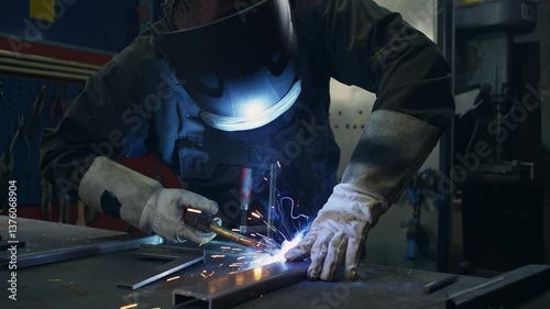 Skilled welder worker with experience in metal fabrication, using MIG welding techniques to create sparks and shape metal components, close up shot.