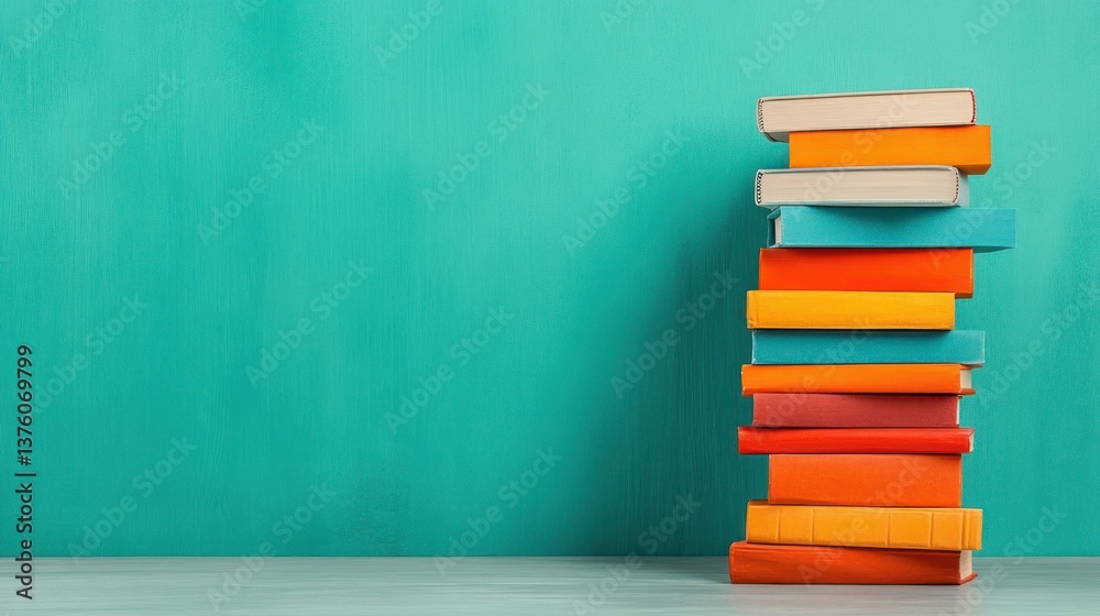 A Colorful Stack of Books Against a Teal Background