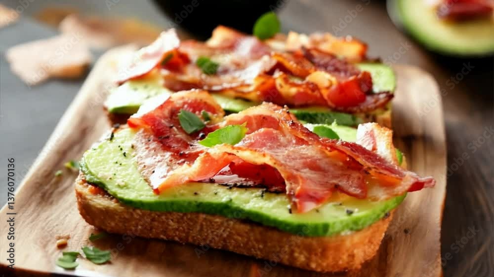 Crispy Bacon and Avocado Toast on Wooden Serving Board Crispy Bacon and Avocado Toast on Wooden Serving Board