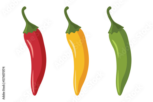 Chili Peppers Vector Set, Isolated. Red, Yellow, Green Hot Peppers, Spicy Food Ingredients, Mexican Cuisine, Fresh Organic Vegetables. Vector Illustration for Food Design