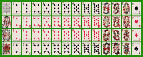 Playing cards. Full poker set, 54 cards and back on green background. Spades, Hearts, Diamonds and Clubs. Jack, Queen, King, Ace and Joker. Vector isolated collection