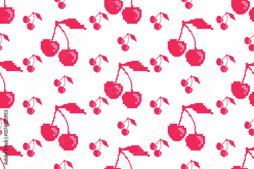 Seamless pixel cherry pattern, red, for printing carpets, fabrics and decoration.