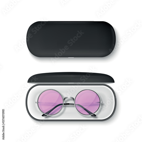 Vector 3D Realistic Round Sunglasses with Metal Frame and Hard Black Case. Stylish Vintage Eyeglasses in Open and Closed Protective Case. Design Template for Optics, Fashion, Eyewear Branding