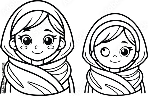 Two Outlined Girls Characters Wearing Scarves with a Transparent Background