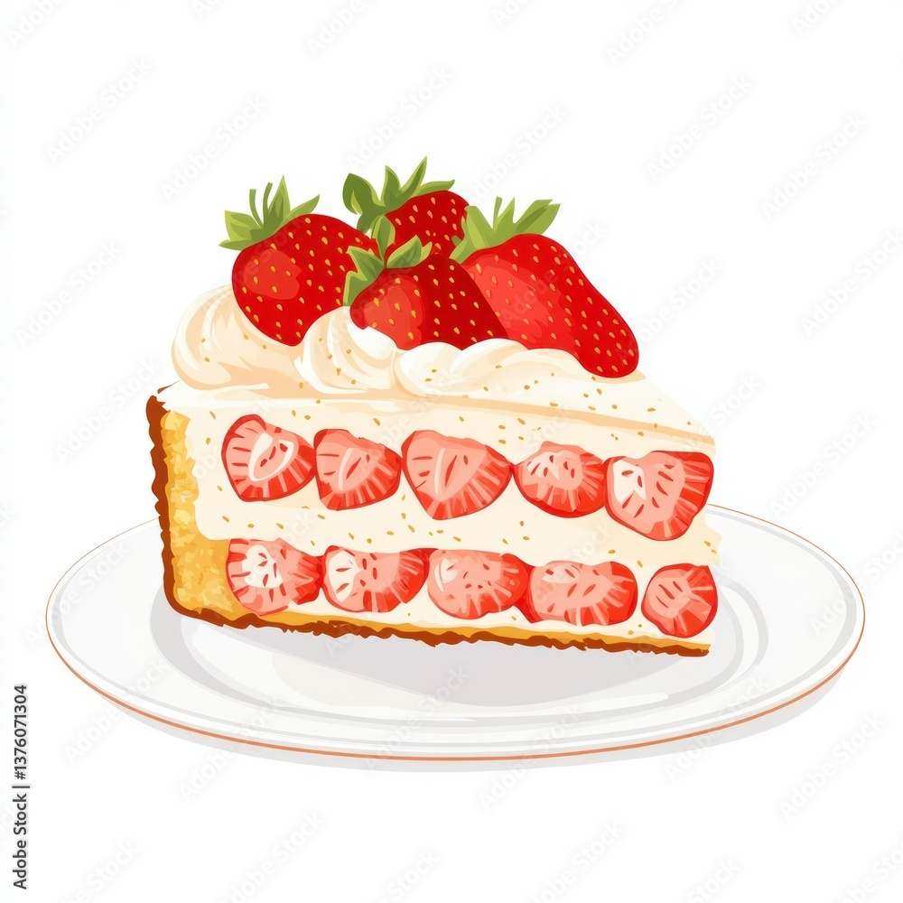 Delicious Strawberry Shortcake Slice with Creamy Topping on a Plate Delicious Strawberry Shortcake Slice with Creamy Topping on a Plate