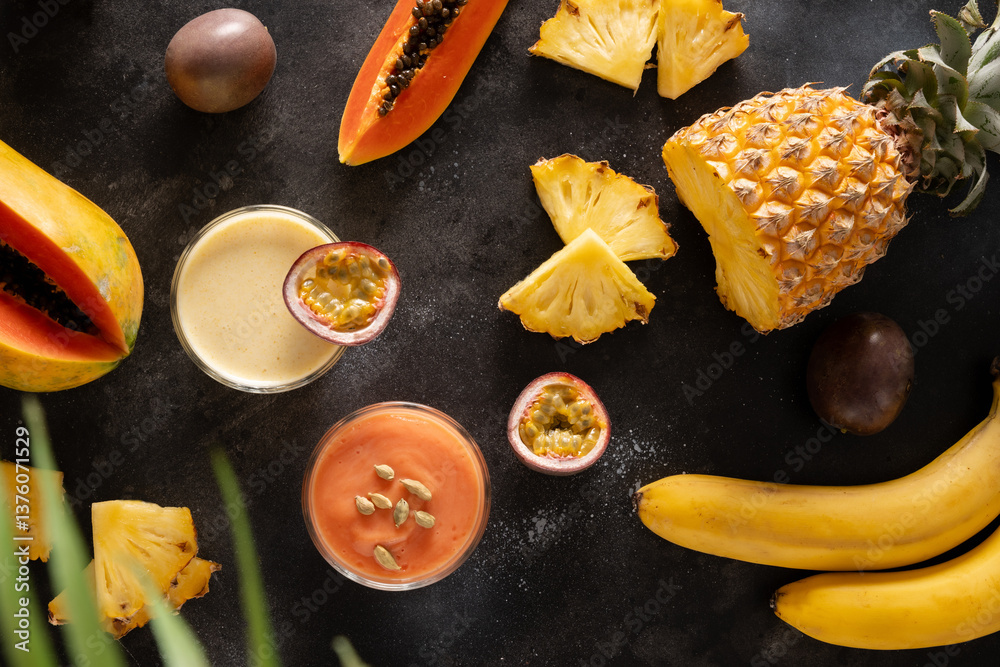 Indian fruits lassi . Pineapple, papaya lassi or smoothie in glasses on black background. Popular Asian beverage made of yogurt, water, fruits and ice. Top view