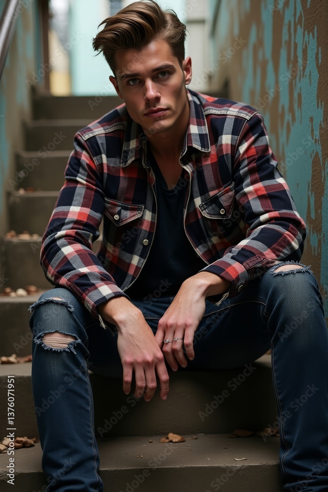 A person with a blurred face sits on steps wearing a plaid shirt and ripped jeans, surrounded by a teal peeling wall and scattered leaves A person with a blurred face sits on steps wearing a plaid shirt and ripped jeans, surrounded by a teal peeling wall and scattered leaves