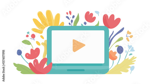 Laptop screen displaying play button, surrounded by colorful flowers.