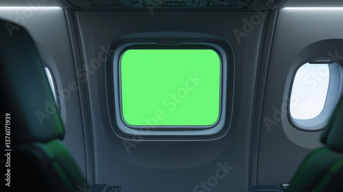 A realistic view of a green screen window inside an aircraft, framed by the sleek, modern interior of the airplane,A modern aircraft window with a green screen, the airplane's clean interior reflectin