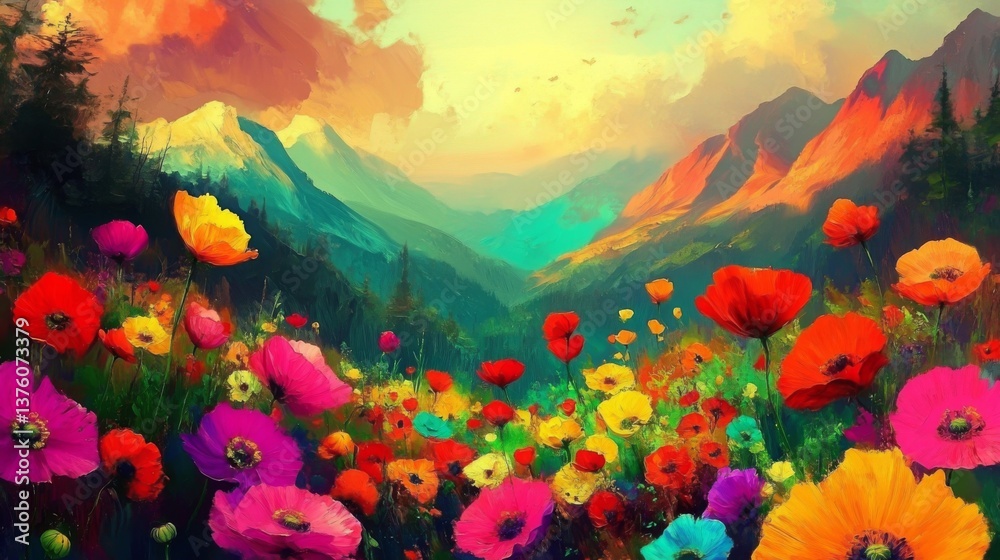 Fototapeta premium Summer Flower Field: A Vibrant Illustration Perfect for Home Wall Decor Inspiration