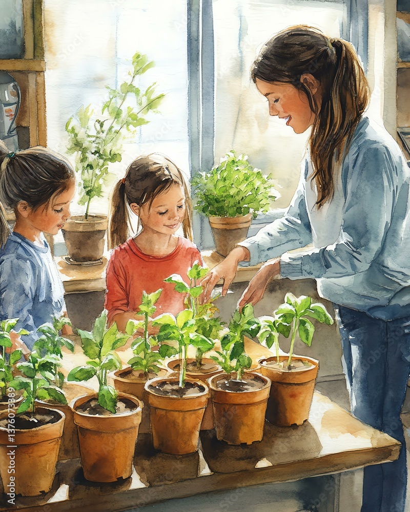 A joyful gardening session with children planting in colorful pots and nurturing plants. A joyful gardening session with children planting in colorful pots and nurturing plants.