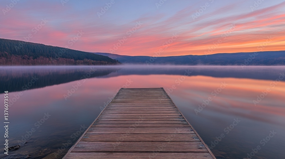 Obraz premium Serene sunrise over calm lake with mist, reflected in still water, wooden dock extending into the water.