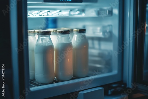 Fresh Milk Bottles in a Modern Refrigerator at Night
