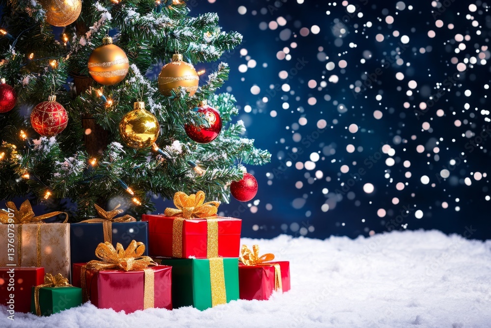 Festive Christmas Tree with Presents Underneath - A beautifully decorated Christmas tree stands proudly Festive Christmas Tree with Presents Underneath - A beautifully decorated Christmas tree stands proudly