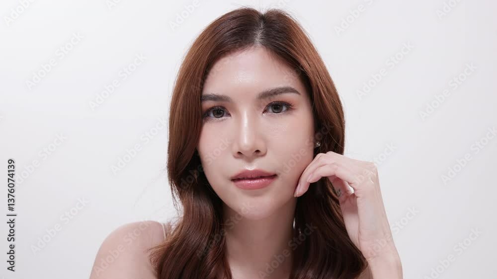 Smiling woman looking at skincare products on table Smiling woman looking at skincare products on table