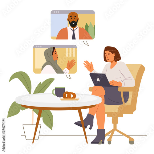 Woman freelancer during online business meeting flat vector illustration isolated on white. Working from home concept.