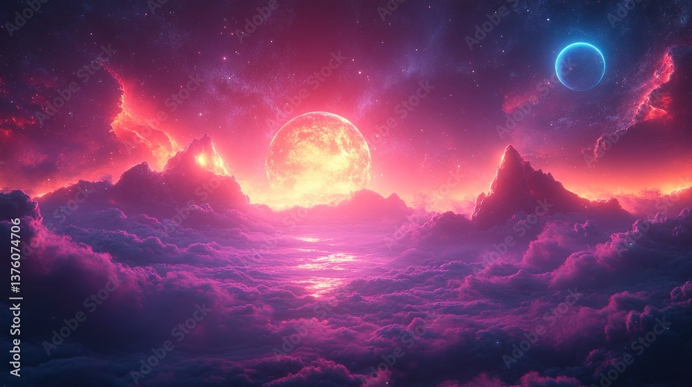 Alien planet sunrise, fiery sky, mountains, cloudscape, fantasy artwork Alien planet sunrise, fiery sky, mountains, cloudscape, fantasy artwork