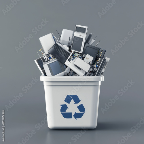 Recycling container filled with electronic waste, including old phones, keyboards, and circuit boards, symbolizes importance of proper e waste disposal and environmental responsibility